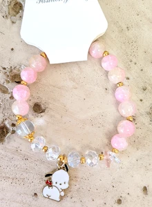 Pochacco Bracelet White Enamel Glass Beaded Gold Tone Pink Clear Stretch - Bild 1 von 3