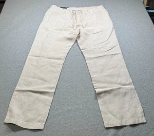 Perry Ellis Mens Lounge Pants 34x28 100% Linen Button Fly Drawstring Beige - Picture 1 of 8