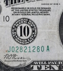 RARE $10 1928A Federal Reserve Note J02821280A Kansas City, NEW LOW SERIAL # - Picture 1 of 3