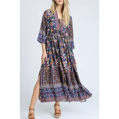 JODIFL Womens M Blue Floral Print 3/4 Sleeves Cottagecore Boho Maxi Dress — 第 1/4 张图片