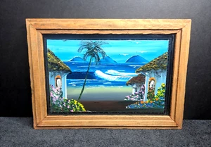 Beachside Village FRAMED Hand Painted Oil on Terracotta Tile 14” x 10" - Picture 1 of 3
