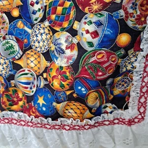 Handmade Christmas Holiday Tablecloth Ornaments Print Lace Edge 74x42 - Picture 1 of 7