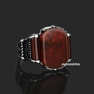 Solid 925 Sterling Silver Turkish Jewelry Red Agate Men's Ring All Size - Picture 1 of 3