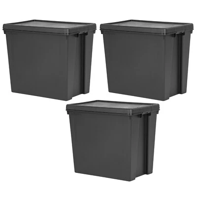 [Set of 3] Heavy Duty 92L Black Storage Box Lid Recycled Plastic Stackable Boxes - Image 1 of 4