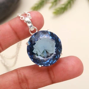Natural AAA Quality Blue Top Quartz Round Shape Sterling silver pendant 925Women - Picture 1 of 4