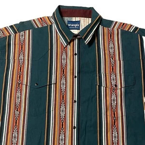 VTG Wrangler Western Shirt Mens XXL Green Pearl Snap Striped Aztec Cowboy Rodeo - Picture 1 of 13