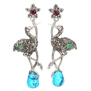 925 Sterling Silver Earrings Pear Turquoise Stabilized Emerald Ruby Gemstone - Picture 1 of 10