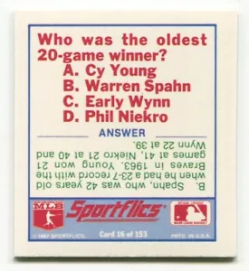 Inserto Sportflics Trivia 1987 #16 Warren Spahn Milwaukee Braves - Foto 1 di 2