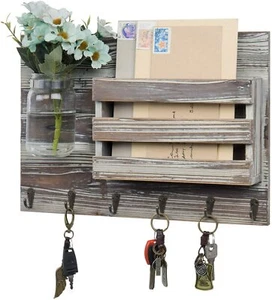 MyGift Wall Mounted Torched Wood Mail Sorter with 6 Key Hooks and Mason Jar Vase - Picture 1 of 7