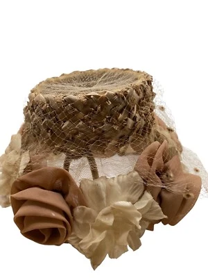 vintage floral hat with lace netting beiges - Image 1 of 4