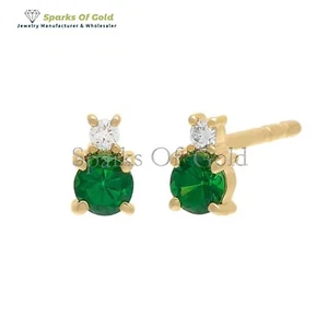 Natural Emerald & DIamond Mini Stud Earrings 14k Yellow Gold Fine Jewelry Gift - Picture 1 of 3