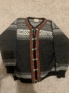 Dale of Norway Cardigan Sweater Black knit 100% Wool metal buttons unisex Large - Picture 1 of 4