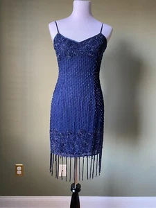 Sue Wong Navy Blue Iridescent Beaded Fringe Flapper Dress Size Small 100% Silk - Picture 1 of 6