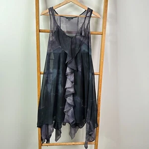 Portmans Sheer Dress Womens 10 Black Tie Dye Sleeveless Layered Ruffle Mini - Picture 1 of 9