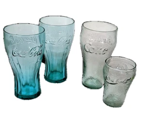 Coca-Cola Glasses Collection of 4, Pair Heavy Ribbed Two Pebbled Green - Picture 1 of 7