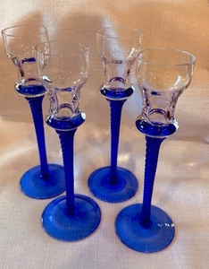 Vintage Lot Of 4 Hand Blown Cobalt Blue Twisted Stem Glass Candleholders - Picture 1 of 8