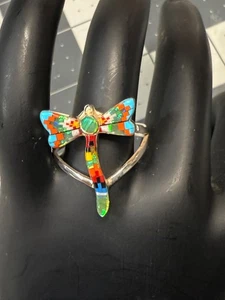Anello libellula argento sterling multi pietra intarsiata con opale, corallo turchese TG 10 - Foto 1 di 9