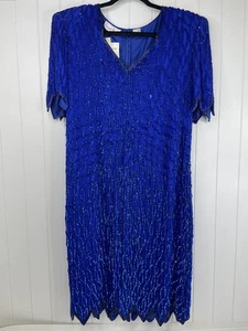 Vintage Seide Lawrence Kazar verziert Perlen Pailletten Etuikleid blau 1X NEU - Bild 1 von 12