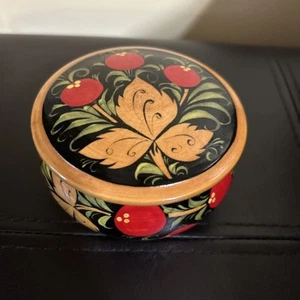 Scatola portagioie vintage russa Khokhloma dipinta a mano in legno laccato arte popolare - Foto 1 di 6