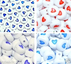 100pcs Round Flat Base Red/Blue/Purple Heart Acrylic Beads 7mm - Picture 1 of 5