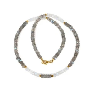 Rainbow Moonstone & Labradorite Faceted Rondelle Gemstone Beads Necklace 18'' - Picture 1 of 16
