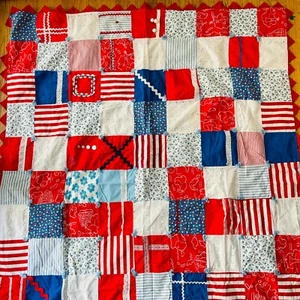 Red White and Blue Antique American Hand Stitched Drunkards Path Patchwork Quilt - Picture 1 of 10