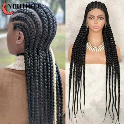 Full Head Lace Braided Wigs 36" Cornrow Box Braids Wig With Baby Hair For Black Foto 1 de 4