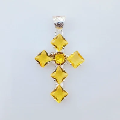 Citrine Cross Pendant 925 Sterling Silver Handmade Gemstone Jewelry 2.20" Inch - Image 1 of 4