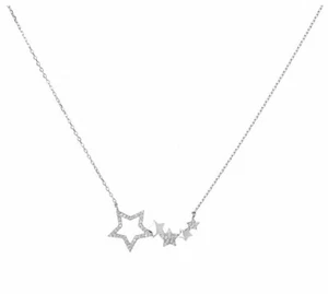 Collana Donna Argento 925 Doppio Stelle Oro Bianco Pietre Cristallo Girocollo - Foto 1 di 4