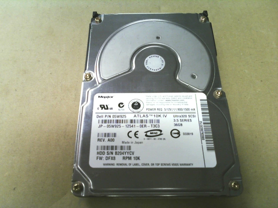 36GB U320 10K SCSI HDD DELL 5W925 Maxtor Atlas IV U320 80 Pin Hard Drive - Image 1 of 1