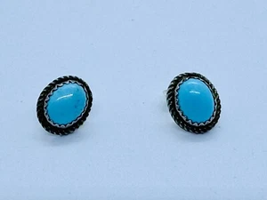 HERMAN LEE Old Pawn Navajo Silver Pure Gem Grade Persian Turquoise Stud Earrings - Picture 1 of 5