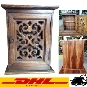 13.5" Vintage Style Teak Wood Key Holder Storage Box 9 Hook Hand Carved Door DHL - Picture 1 of 10