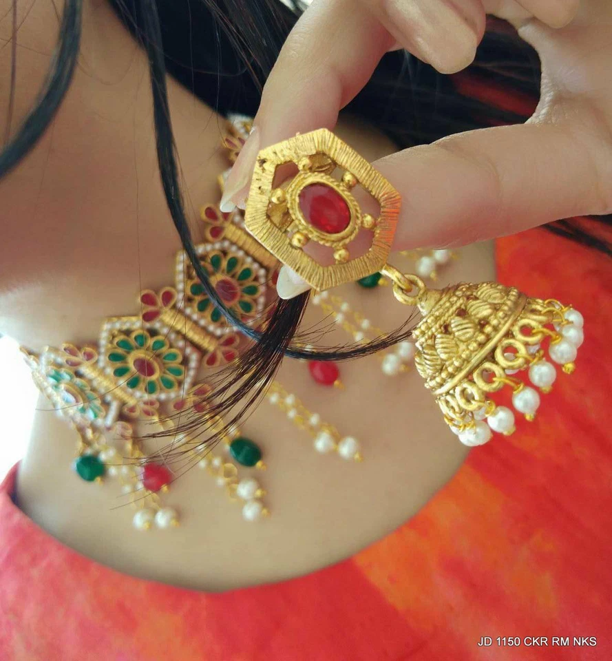 Collar gargantilla de piedra enchapada en oro étnico tradicional indio con pendientes regalo Foto 1 de 1