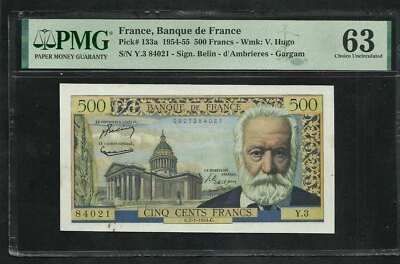France : 500 Francs Victor Hugo 7-1-1954 ; PMG : Choice UNC 63 (Ref 1951) - Image 1 of 2