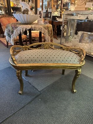 Banco Vintage Estofado Madeira Dourada Estilo Louis IV - Imagem 1 de 4