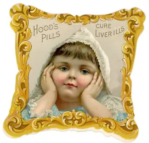 Carta da parati vittoriana a colori pressofusi 1890. Pillole con cappuccio curano le malattie del fegato. Lowell - Foto 1 di 2