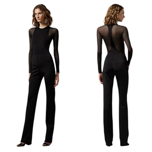 RALPH LAUREN Purple Label Women Jumpsuit M Black Knit Long Sleeve Sheer Opaque - Picture 1 of 12