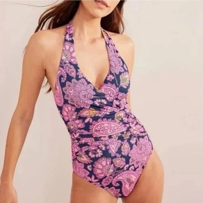 Boden  One Piece  Levanzo Ruched Halter Swimsuit Navy Paisley Terrace Size 10R - Image 1 of 4