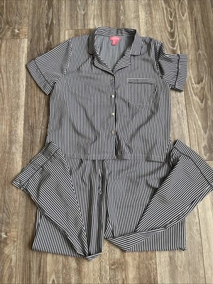 Issac Mizrahi Sleepwear Pajama Set L Blue Strip Silky Smooth Short Sleeve Pants - Image 1 of 4