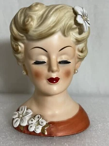 Vintage Lady Head Vase, Enesco E-2188, Blonde, Burnt Orange Top - Picture 1 of 8