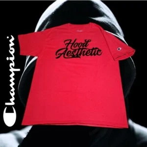 Champion Hood Aesthetic Kurzarm T-Shirt beflockt Velour Buchstaben rot L - Bild 1 von 8