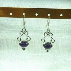 Natural Cabochon Oval Amethyst Sterling Silver Victorian Style Hook Earrings - Bild 1 von 6