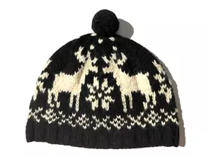 Rare Vintage 80s GAP Black & White 100% Wool Reindeer Snowflake Knit Beanie Cap - Picture 1 of 6