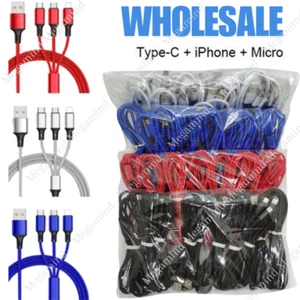 Lot 3 in 1 Charger 4ft Universal Fast Charging Cable For iPhone USB-C Micro USB - Picture 1 of 14