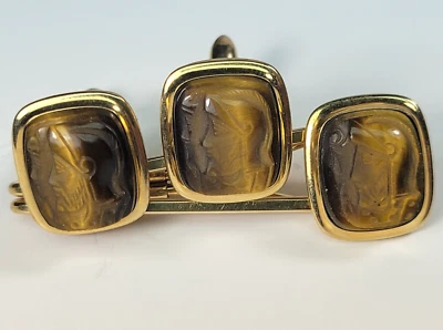 Vintage 1/20-12K Gold Filled Cuff Links & Tie Bar Tigers Eye Clip Ancient Greek - Image 1 of 4