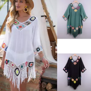 Vestidos De Verano Para Mujer Playa Ropa De Moda Tunica Con Flecos Tejidos NEW - Picture 1 of 15