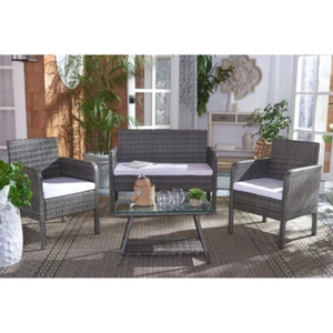 SAFAVIEH Outdoor Collection Aboka 4-Piece Patio Set | Grey Brown/White | - Picture 1 of 12