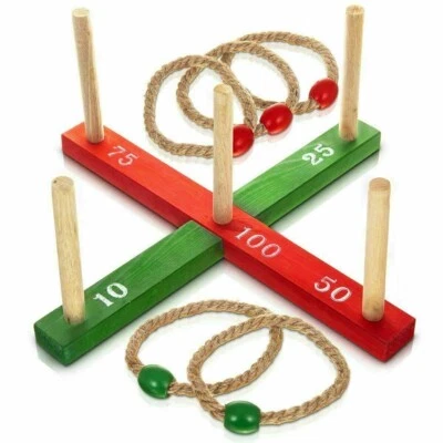 Classic Quoits Ring Toss Rope Pegs Hoopla Wooden Outdoor Family Garden Fun Game - Image 1 of 3