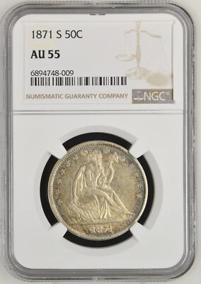 1871-S 50C NGC AU55 ONLY 44 FINER-PQ LIBERTY SEATED HALVE BEAUTIFUL TONING - Image 1 of 4