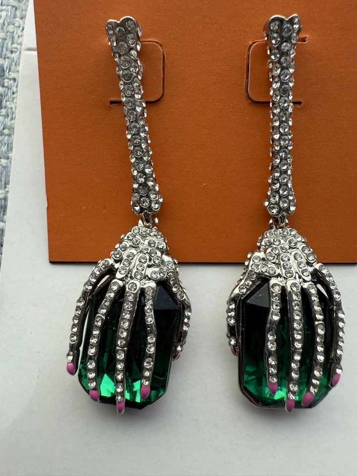 NEW BETSEY JOHNSON SKELETON HAND WITCH HAND PAVE DROP EARRINGS PINK NAILS  - Image 1 of 4